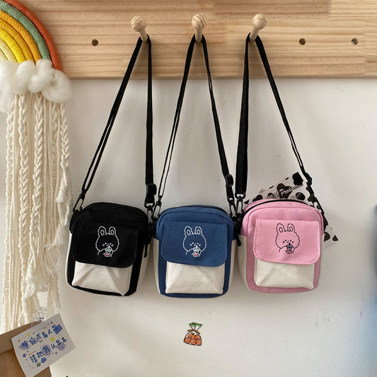 Women Cartoon Print Shoulder Bag Cute Canvas Bag Contrast Color Crossbody Girls Kawaii Phone Purses Ladies Small Square Handbag